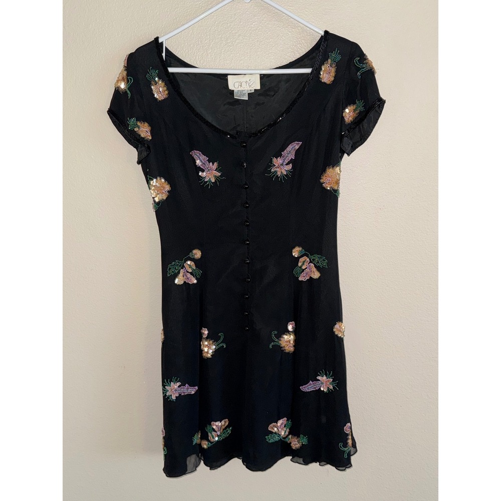 Vintage Cache Black 100% Silk Beaded Pineapple Floral Mini Dress Womens 6